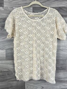 Crochet Top Womens L Beige Lace Knitted Shirt See Through Hollow Out Cottagecore